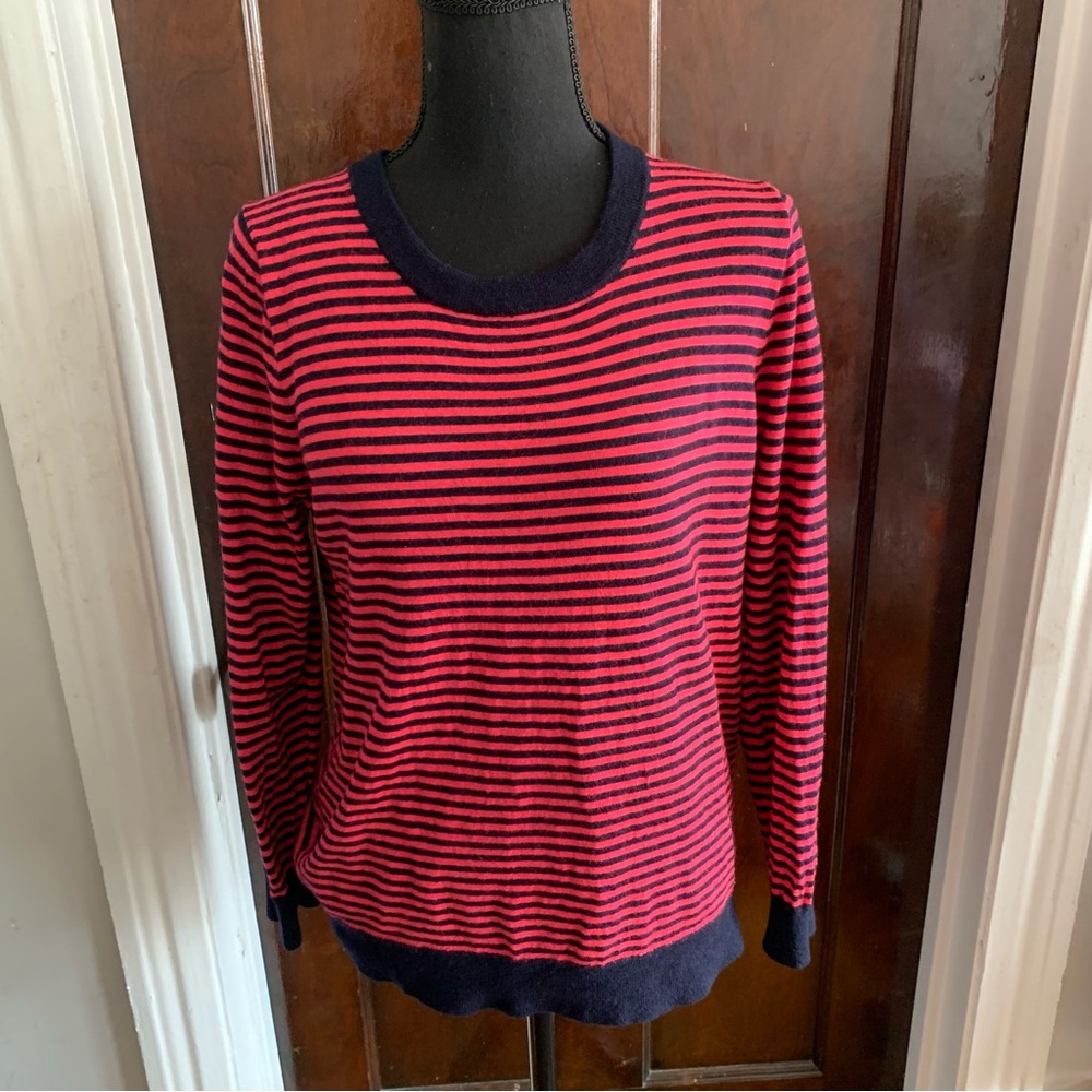 J Crew Black and Pink Striped 100% Merino Wool Sweater XL